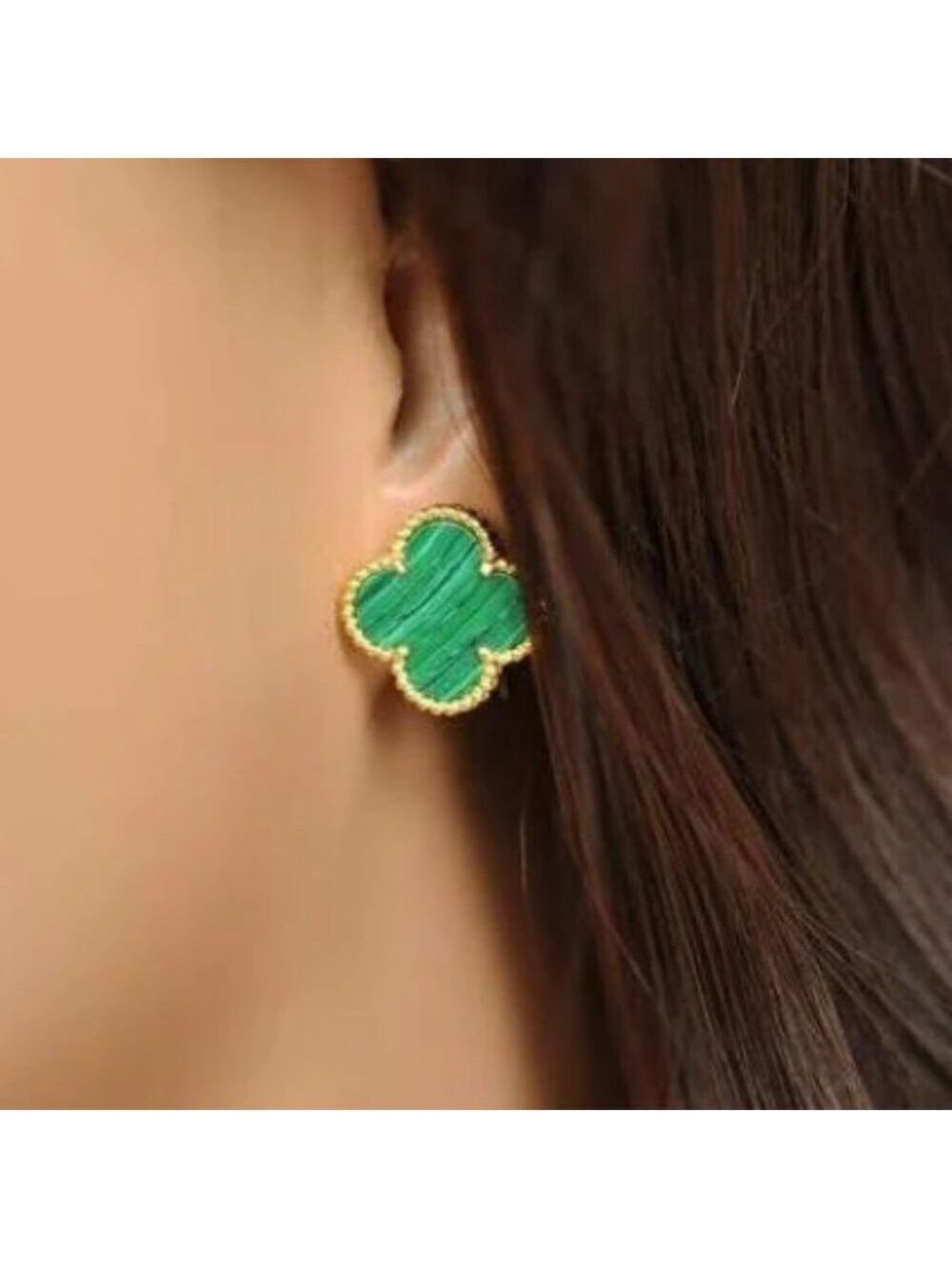 18k yellow gold plated over 925 silver Green Shell four leaf clover push back st - Picture 2 of 2